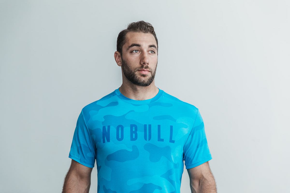 Nobull Men's T Shirts Blue Camo | Australia (ZU4806)